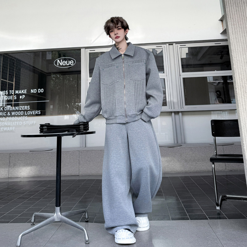 美式cleanfit翻领褶皱设计感拉链开衫夹克外套男休闲阔腿卫裤套装