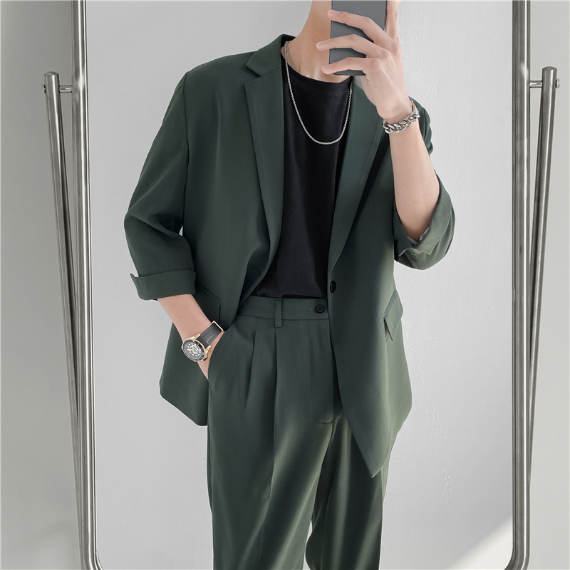ins轻熟风七分袖休闲西装男套装韩版痞帅网红宽松中袖西服两件套