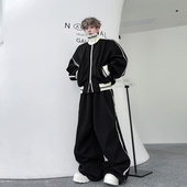 2025秋冬美式 两件套 男搭配帅气阔腿长裤 运动撞色立领开衫 卫衣套装