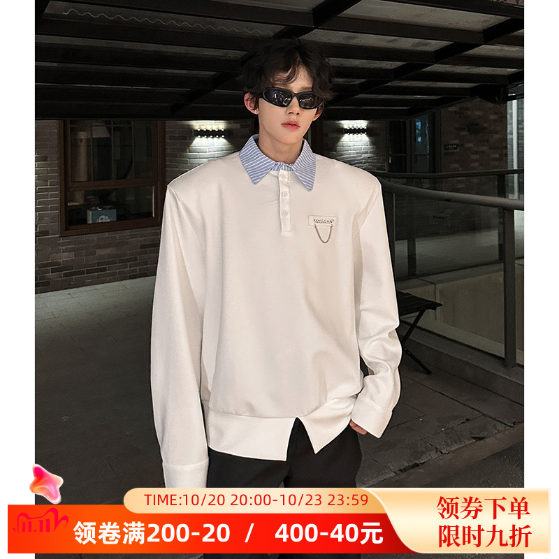 秋季小众轻奢高级感条纹拼接领子假两件衬衫男设计感休闲Polo衫潮
