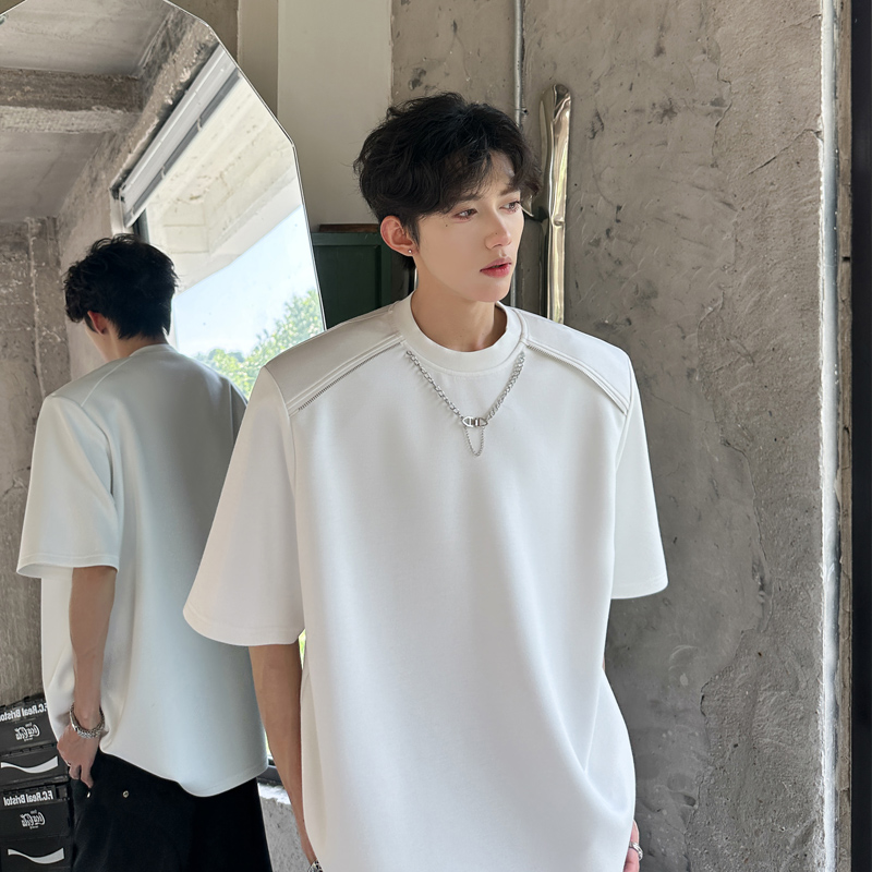夏季小众金属项链设计感重磅上衣垫肩T恤男短袖解构设计半袖t恤潮