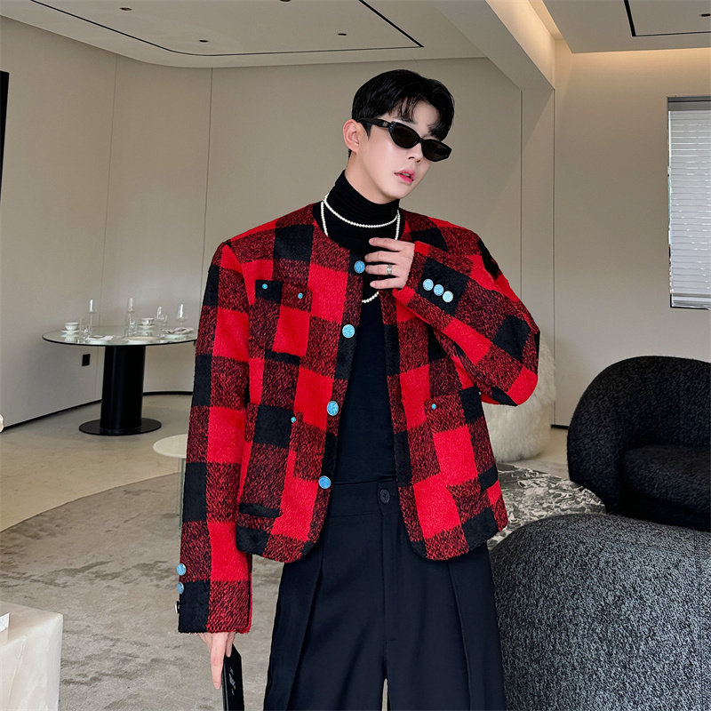 王嘉尔同款红色格子夹克上衣外套男韩版痞帅高级感炸街小香风休闲