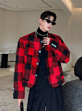 王嘉尔同款红色格子夹克上衣外套男韩版痞帅高级感炸街小香风休闲
