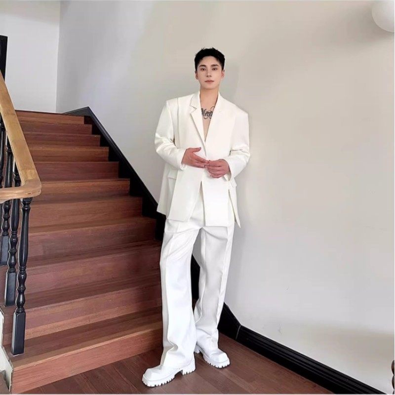 春秋高级感休闲个性开衩设计感气质西服外套男韩版痞帅长裤两件套