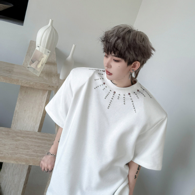 夏装美式高街手工钉珠装饰垫肩短袖T恤男重磅网红设计感半袖上衣