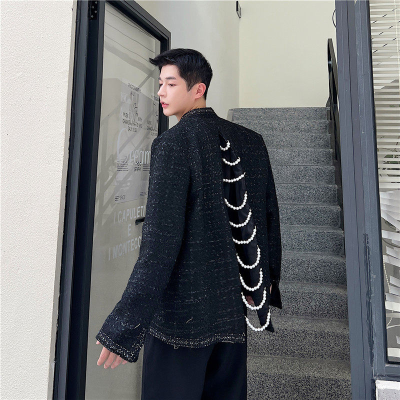 后背珍珠开衩设计外套男呢料西服