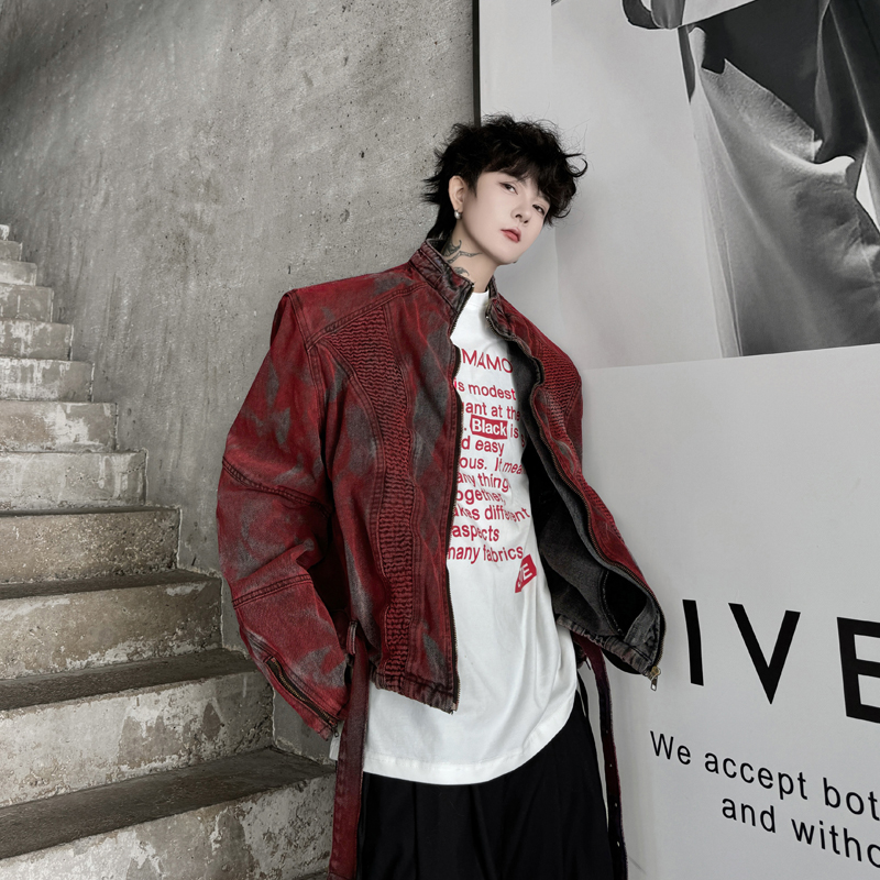 2025秋装美式高街头潮牌皱褶喷漆设计拉链夹克男高级感嘻哈外套潮