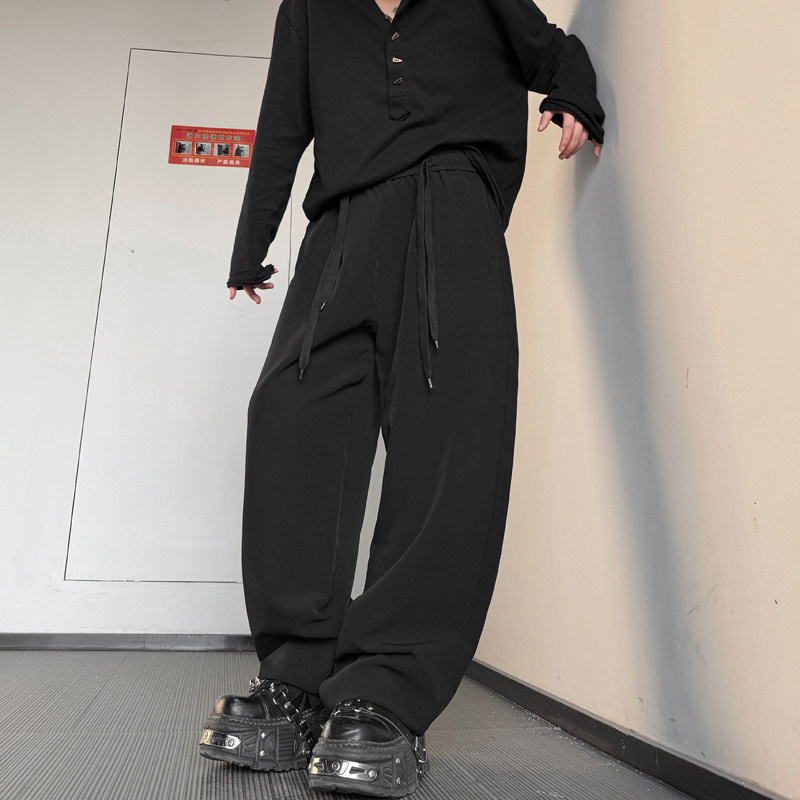 休闲裤男松弛感穿搭黑色直筒垂感抽绳锯齿裤脚设计高级感痞帅长裤