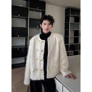 秋装呢子小香风短外套男休闲高级感男模穿搭廓形无领垫肩上衣夹克