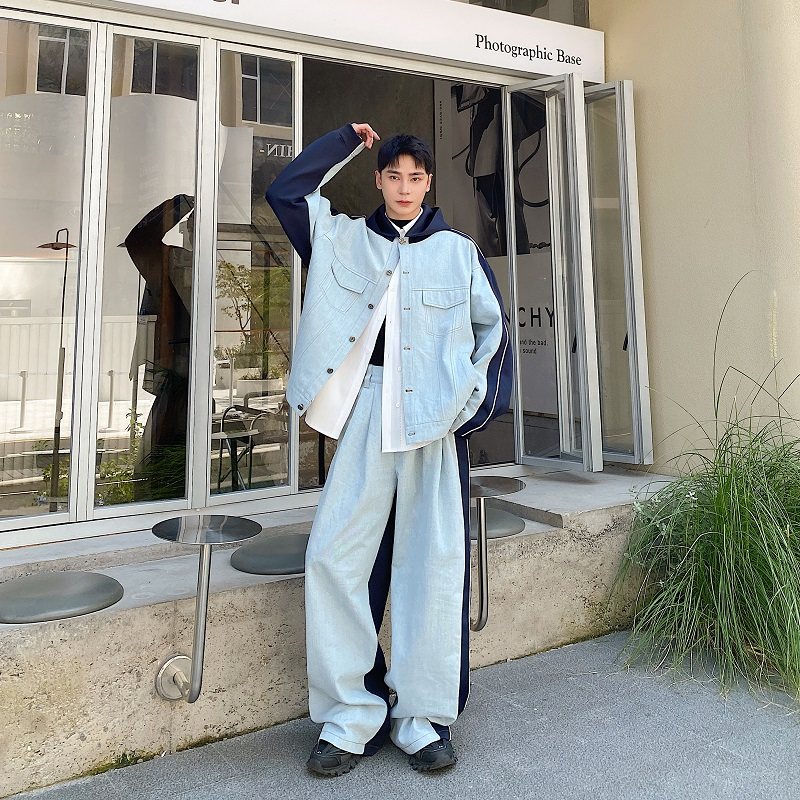 牛仔撞色拼接连帽廓形夹克男外套