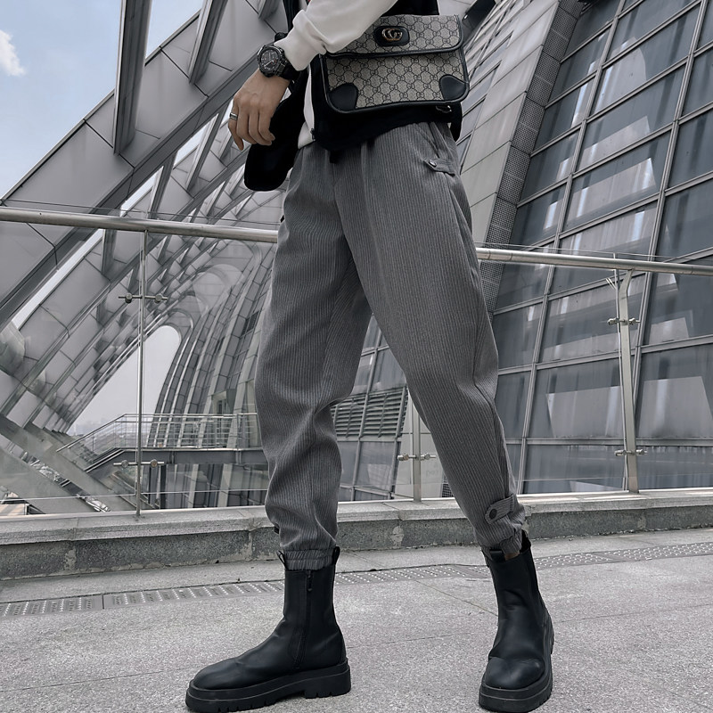 秋冬高级感痞帅裤子男休闲裤条纹哈伦裤束脚马丁靴的裤子工装长裤