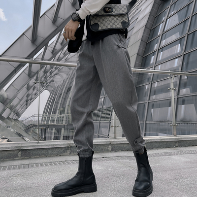 秋冬高级感痞帅裤子条纹马丁靴的