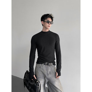 秋季黑色显瘦修身打底衫cleanfit长袖T恤男剪裁设计感指套内搭t恤
