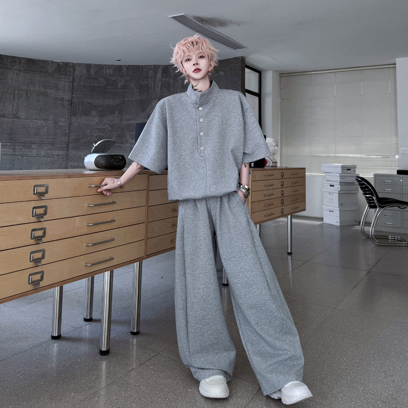 夏季立领纽扣装饰短袖卫衣套装男慵懒风休闲运动阔腿长裤两件套潮