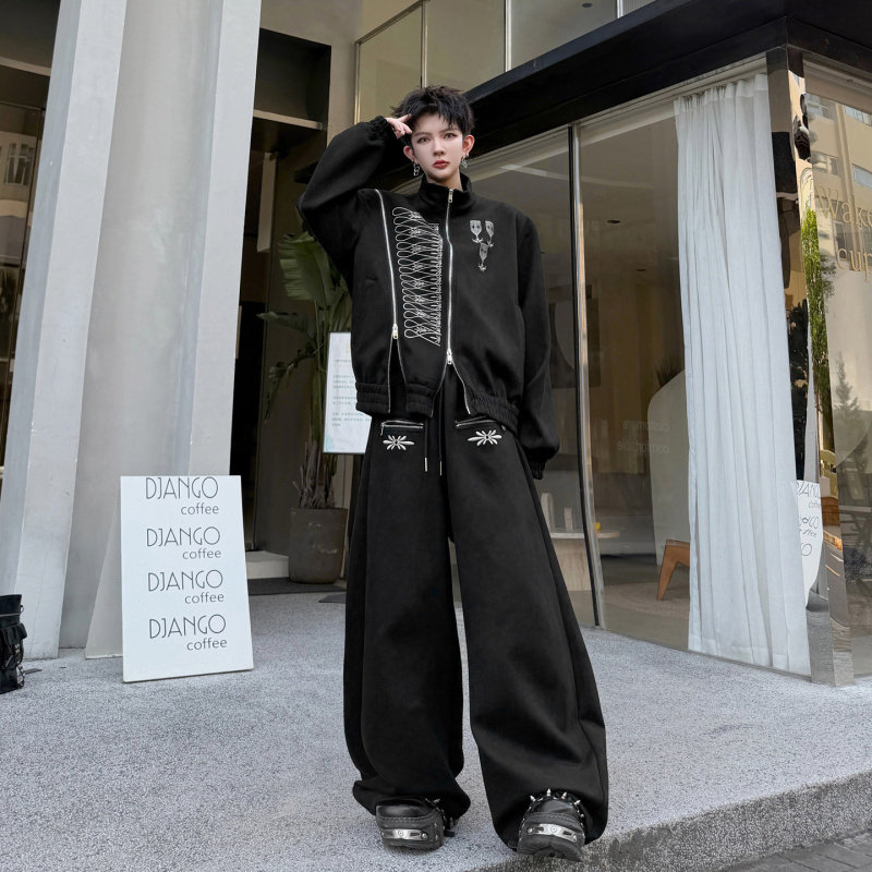 秋装小众双拉链刺绣花麂皮绒夹克外套男高级质感痞帅阔腿长裤套装