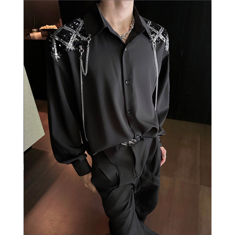 秋装小众设计感亮片拼接金属链条格纹装饰衬衫男高级痞帅演出衬衣