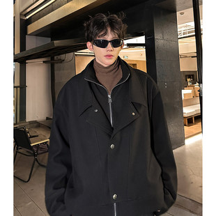 秋冬款双层领拼接拉链设计感呢子夹克外套男美式高级感痞帅厚毛呢