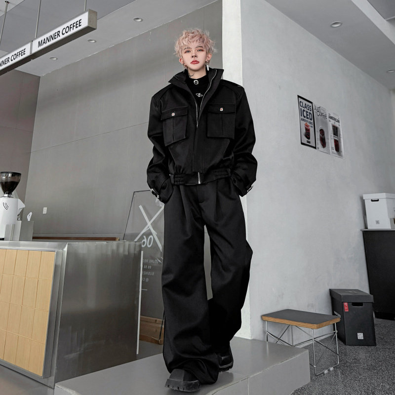 2026春装暗黑系立领口袋工装夹克套装男高级感痞帅阔腿长裤两件套,男装,时尚套装,淘宝优惠券,粉丝福利购,淘宝优惠卷