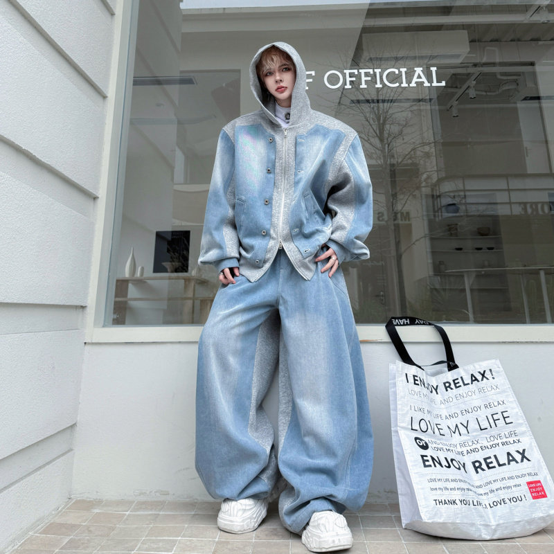 2026春装设计感美式高街撞色拼接牛仔夹克套装男水洗阔腿长裤一套,男装,时尚套装,淘宝优惠券,粉丝福利购,淘宝优惠卷