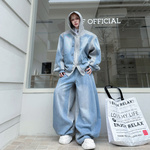 2026春装设计感美式高街撞色拼接牛仔夹克套装男水洗阔腿长裤一套