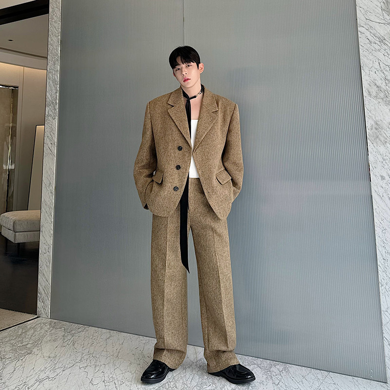 秋冬原创重磅粗纺老钱风气质休闲西装套装男无腰节直筒西裤两件套