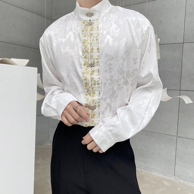 春季小众提花宫廷风洋气复古中式衬衫男女金属盘扣立领时尚衬衣潮