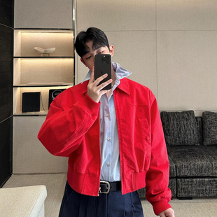 韩版 巴恩风纯棉复古水洗帆布红夹克外套男女短时尚 秀款 2025SS春装