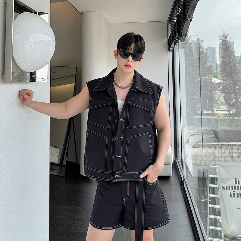 夏装小众设计师复古辑明线口袋工装马甲男套装设计感短裤两件套潮