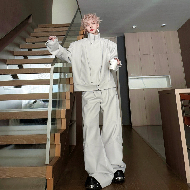 2026春装小众立领活褶长袖夹克套装男设计感搭配阔腿长裤休闲一套