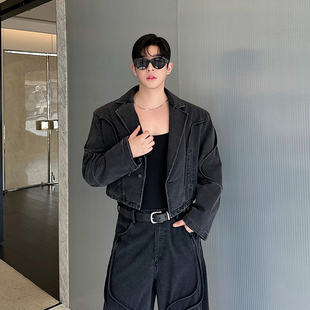 秋装美式复古立体走线洗水牛仔短款夹克套装男高级感阔腿牛仔裤潮