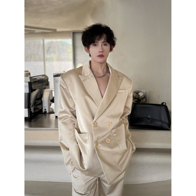 春季时尚高级感缎面垫肩西装外套男痞帅香槟色搭配直筒长裤两件套,男装,西服,淘宝优惠券,粉丝福利购,淘宝优惠卷