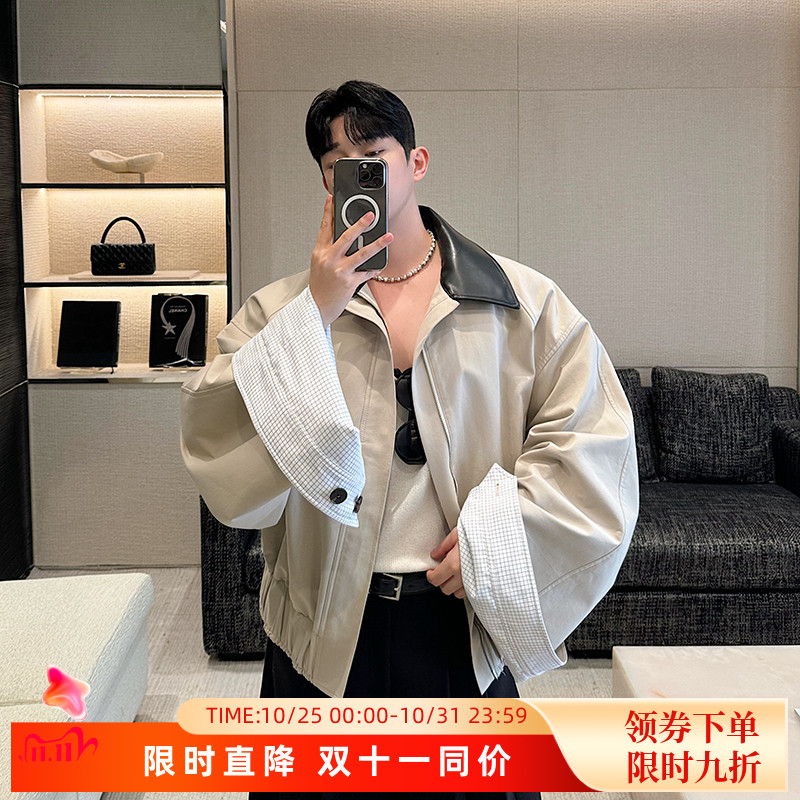 2025早春设计感纯棉皮领拼接撞色格纹廓形翻袖夹克外套男大袖高级