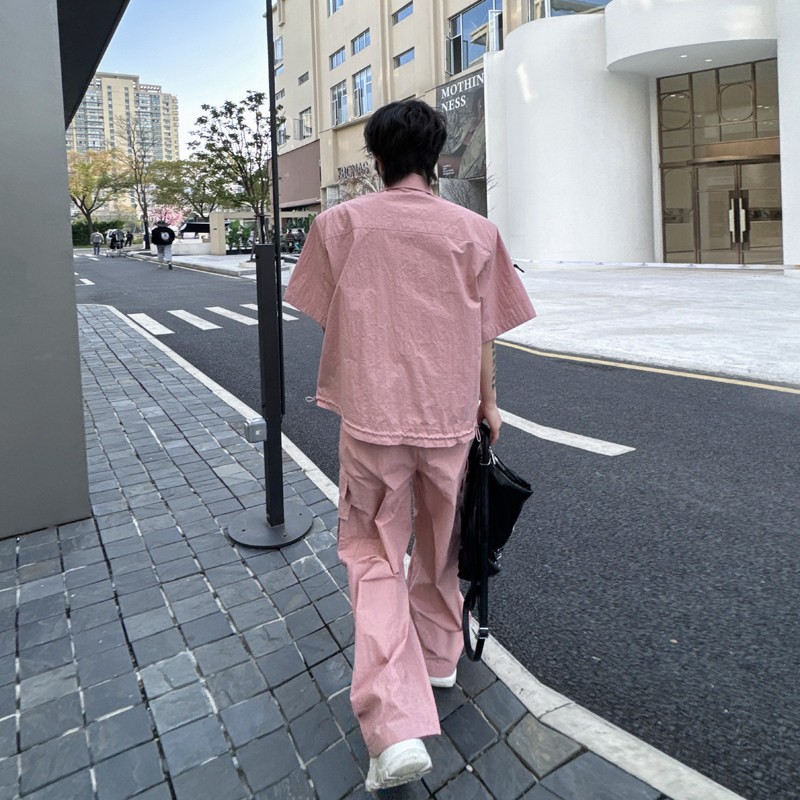 여름 틈새 주름 구조 분할 반팔 재킷 정장 남성 디자이너 작업복 넓은 다리 바지 투피스 트렌디 세트