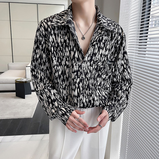 高级感痞帅小众ins轻熟风豹纹衬衣男长袖坠垂感宽松炸街衬衫上衣