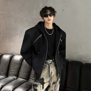 春秋款小众金属拉链解构设计感连帽卫衣男痞帅高级感垫肩夹克外套