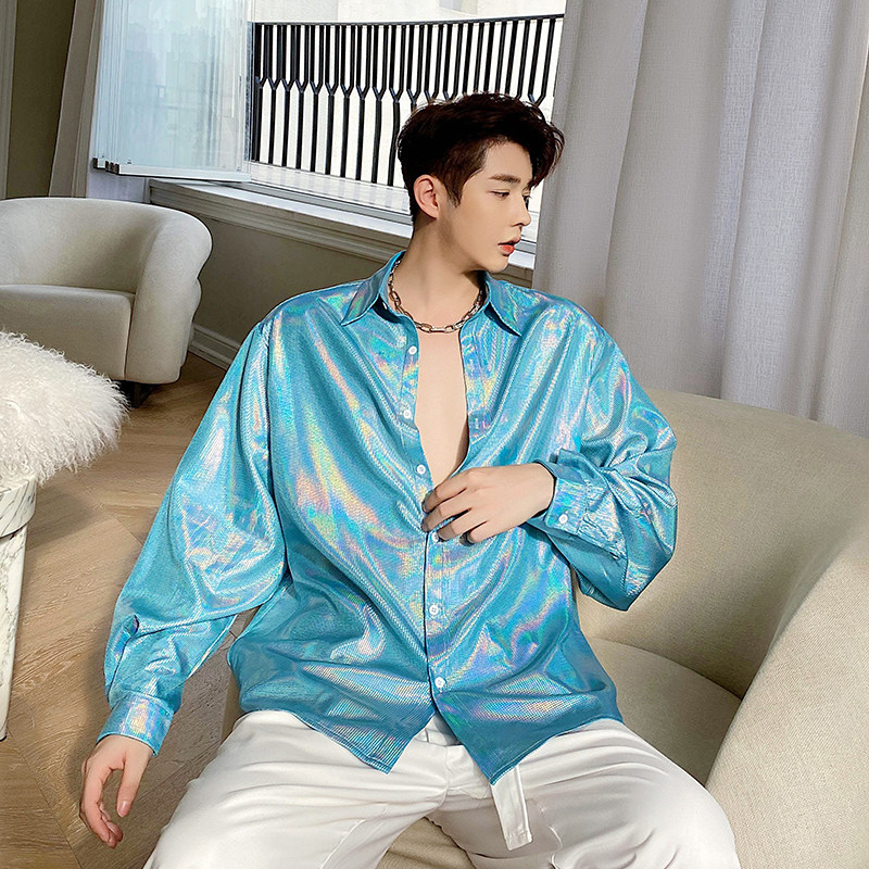 网红湖蓝色镭射焕彩衬衫男