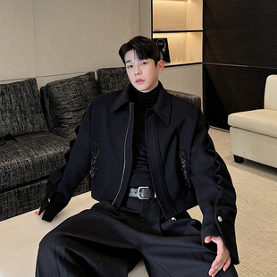 冬装小众法式高级感短款夹克男小香串珠口袋邹褶袖设计痞帅外套潮