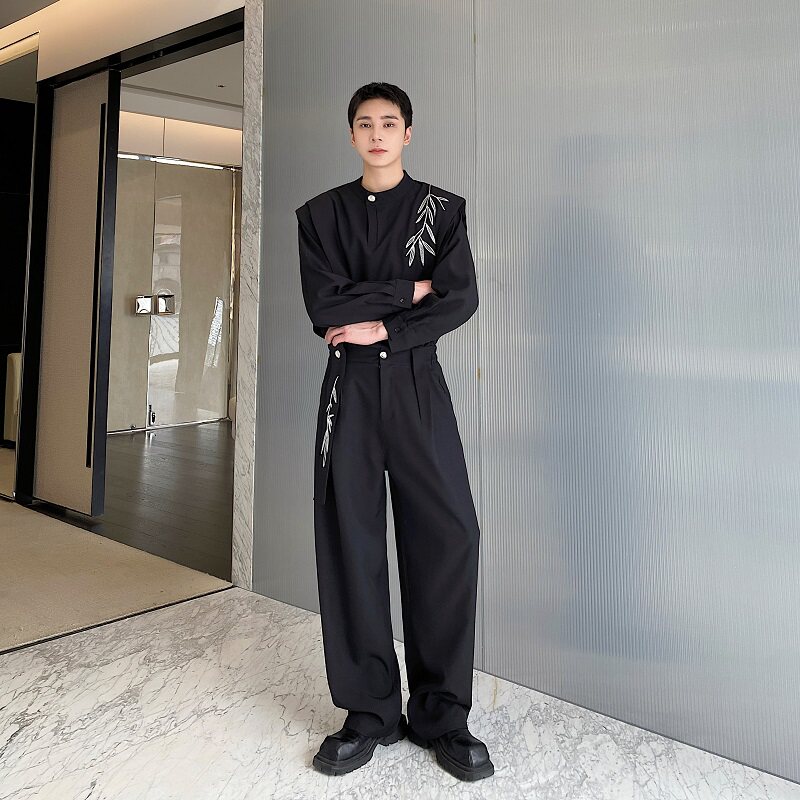 가을 새로운 중국 스타일 대나무 잎 자수 디자인 틈새 잘 생긴 셔츠 남성 정장 스탠드 칼라 하이 엔드 스트레이트 바지