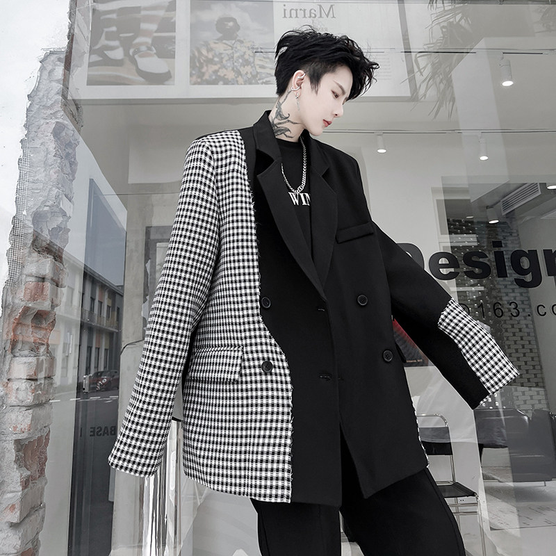 高级感千鸟格拼接西服外套男垫肩宽松韩版设计感上衣雅痞西装潮流