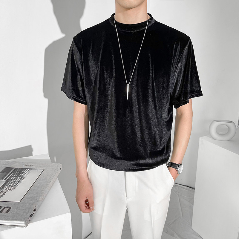 夏季金丝绒冰爽短袖T恤男纯色简约宽松复古痞帅轻奢半袖t恤发型师