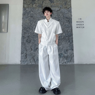 2026夏季美式立领多袋高级感短袖垫肩衬衫套装男痞帅休闲长裤一套