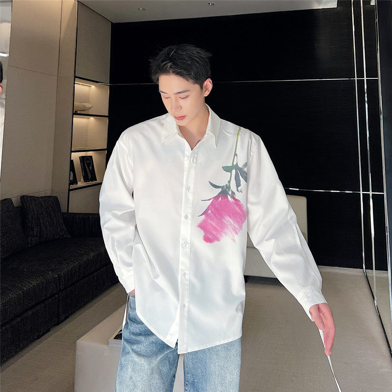 白衬衫男韩版小众复古玫瑰印花休闲长袖飘带设计感宽松网红衬衣潮