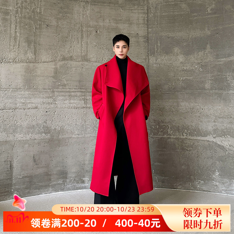 秋冬红色大翻领长款过膝毛呢大衣外套男廓形复古风衣开衩气质上衣