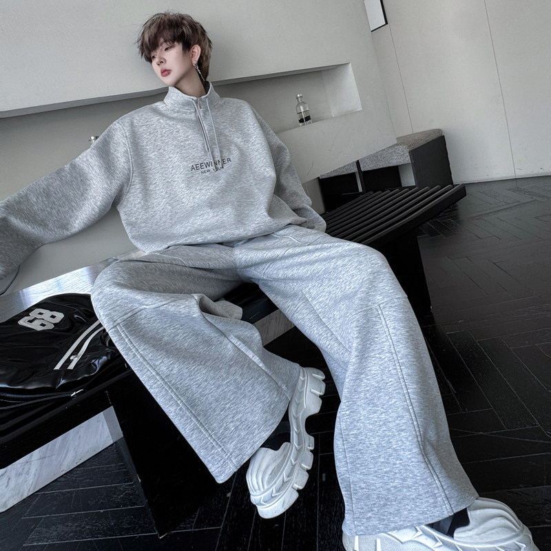 美式高街运动立领套头卫衣套装男2025潮牌休闲宽松直筒阔腿裤长裤,男装,休闲运动套装,淘宝优惠券,粉丝福利购,淘宝优惠卷