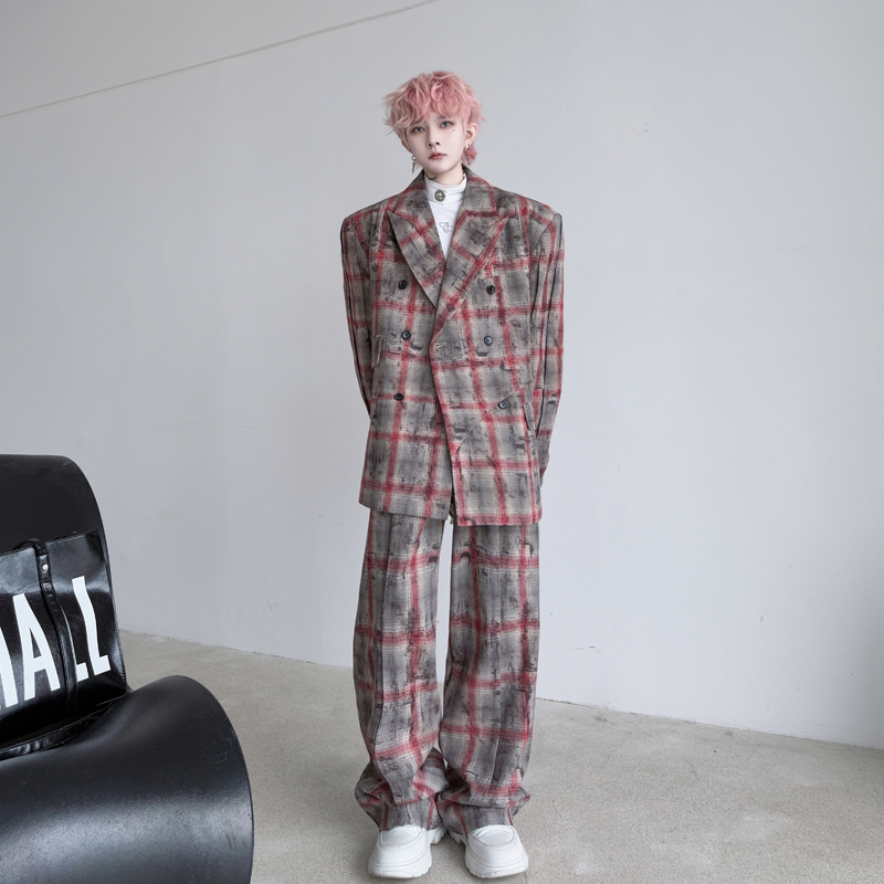 2025春装复古印花格子双排扣宽松男士休闲西服套装网红韩版两件套