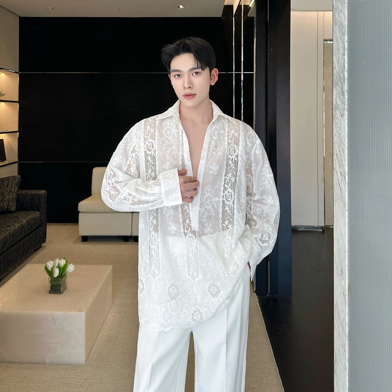 法式镂空刺绣蕾丝花朵深V领长袖衬衫男轻奢慵懒风防晒衬衣上衣薄