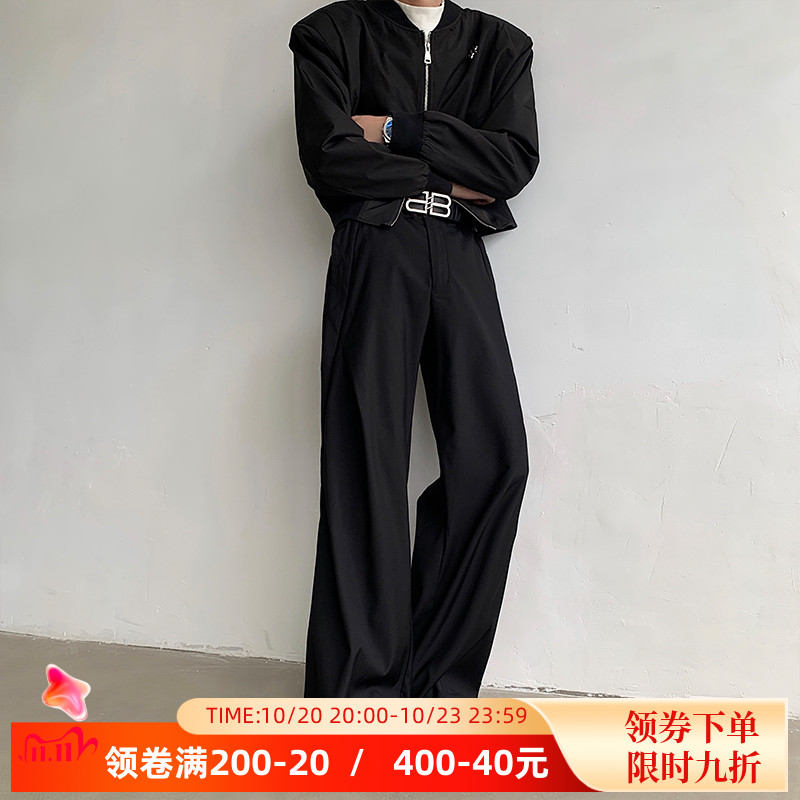 暗黑系褶设计感西装裤男士cleanfit潮牌休闲阔腿裤垂坠感拖地裤子
