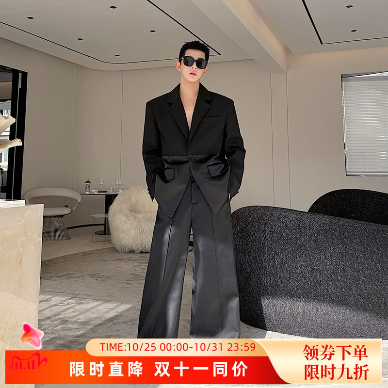 春季走秀款立体解构醋酸拼接垫肩西服套装男高级痞帅阔腿裤两件套