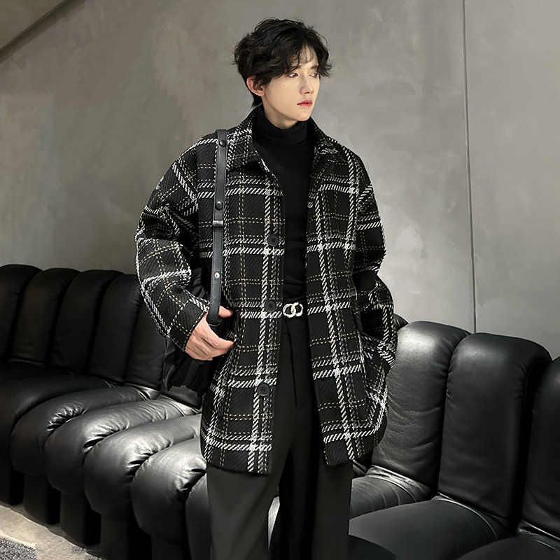 毛呢大衣格子中长款外套男韩系穿搭上衣韩版冬季宽松呢子风衣夹克
