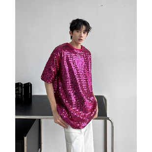 红色时尚亮闪闪亮片短袖T恤男女韩版舞台装节日晚会演出表演服装